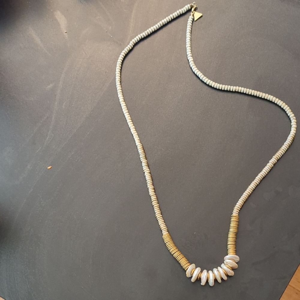 Seraphina Gilt Brass, Shell Bead and Coin Pearl Necklace